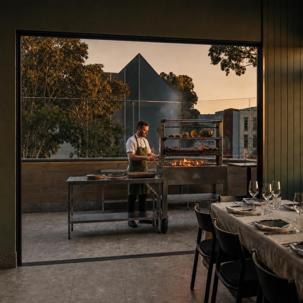 Chef cooking over open fire on the parrilla, seen from the private dining table at Panorama Club